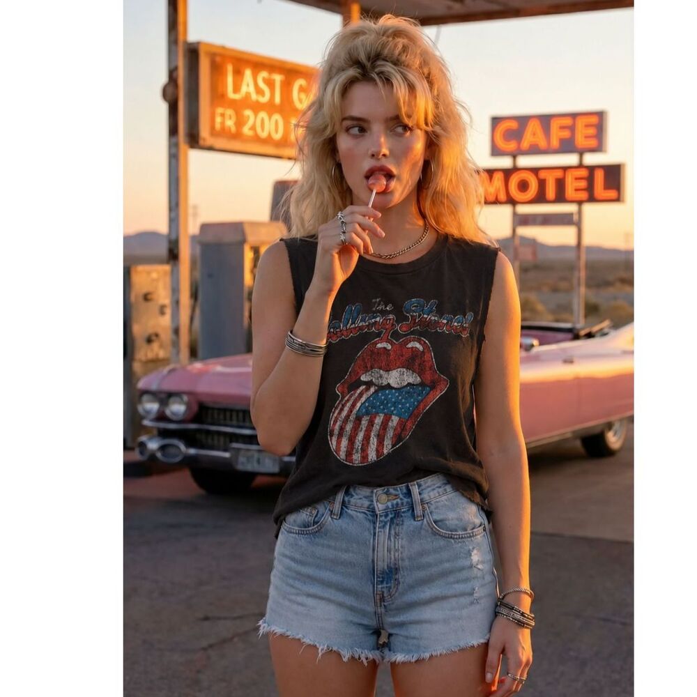 The Rolling Stones Black Sleeveless American Flag Tongue Graphic Tank Top L